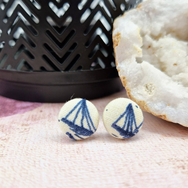 Nautical design fabric Button stud earrings.