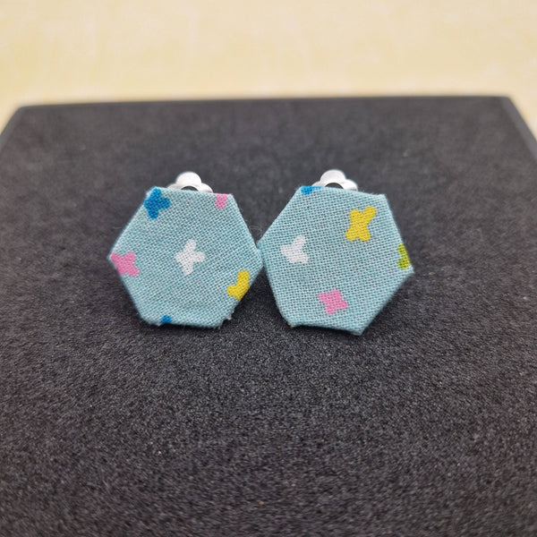 Blue hexagonal clip on earrings