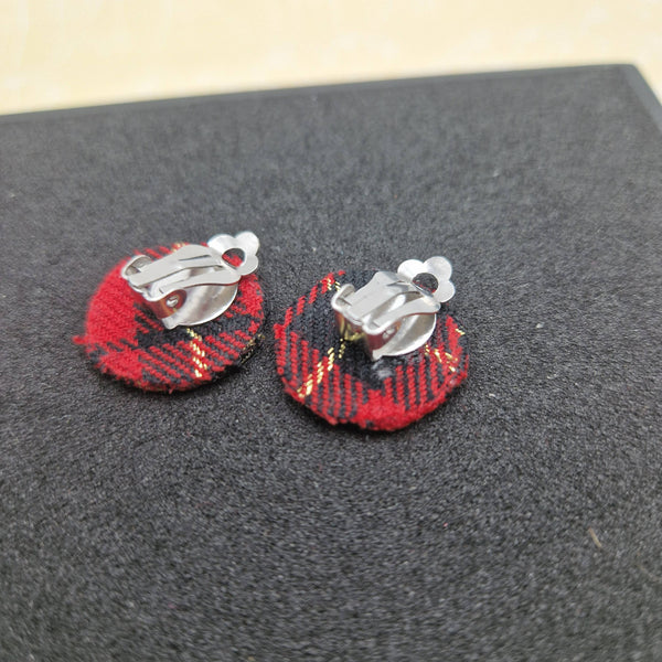 Red and black tartan circle clip on earrings