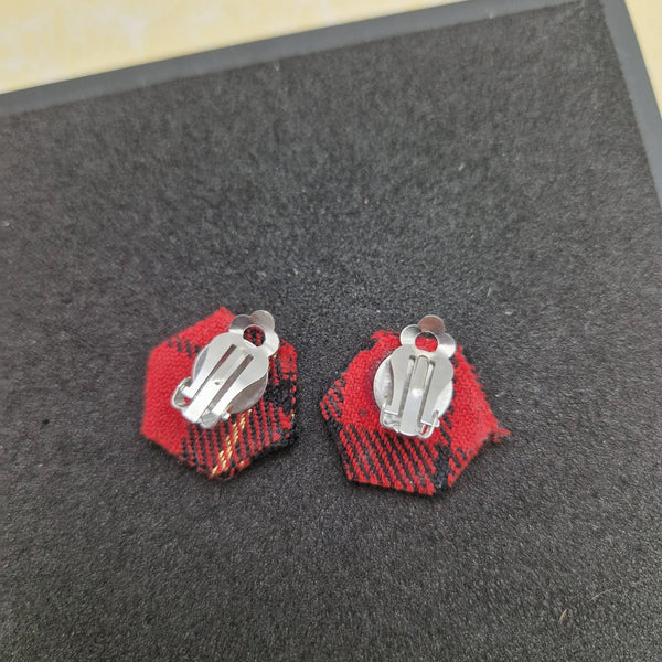 Red and black hexagonal tartan circle clip on earrings
