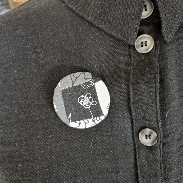 Black, White and Grey patchwork floral pin badge