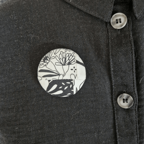 Black, White and Grey patchwork floral pin badge