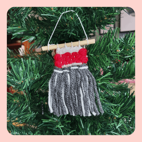 Mini red, white and grey weaving. Festive tree decoration.