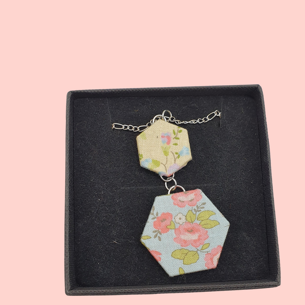 Yellow and blue floral double dangle pendant necklace.