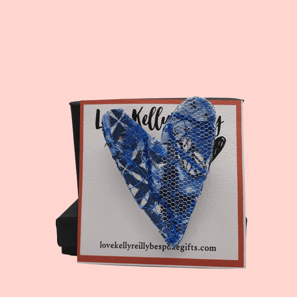Heart shaped brooch. blue textile created with scraps of fabric on a love kelly reilly bespoke gifts logo card holder