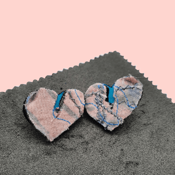 Large pink and grey heart shaped fabric stud earrings. 4 styles available.