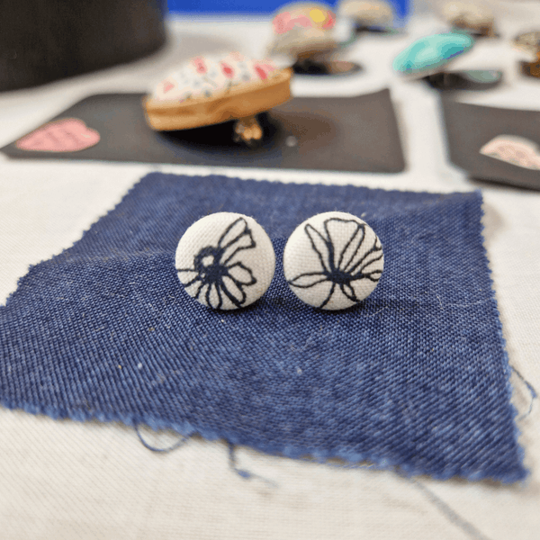 Black, white and grey floral fabric Button stud earrings.