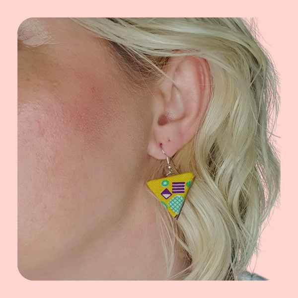 Green and purple triangle dangle earrings