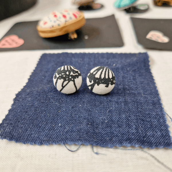 Black, white and grey floral fabric Button stud earrings.