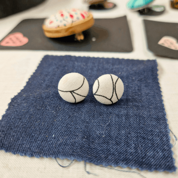 Black, white and grey floral fabric Button stud earrings.