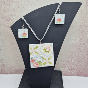 vintage floral Square Necklace and dangle earring Jewellery set.