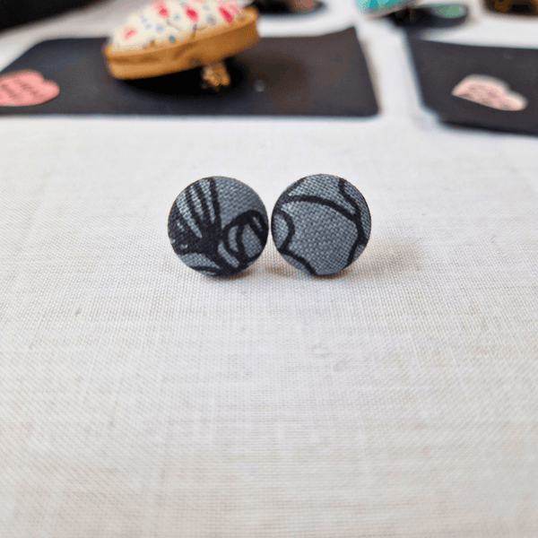 Black, white and grey floral fabric Button stud earrings.