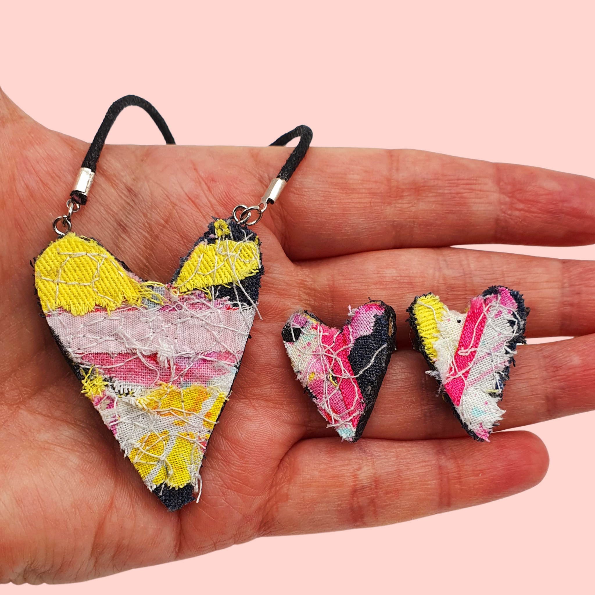 Pink, yellow and denim hearts scrappy necklace and stud earring set.