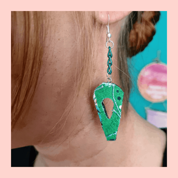 Green upcycled fabric Dangle earrings with green chain