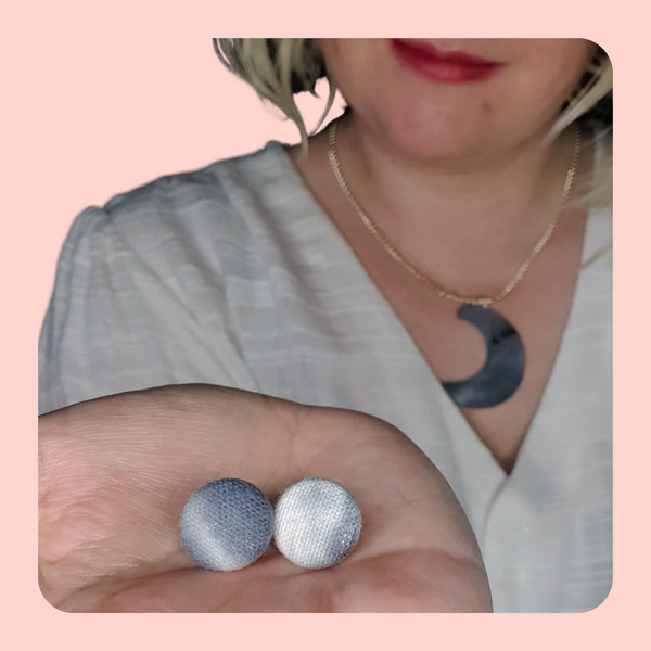 Grey and white moon shaped necklace and button earring set.