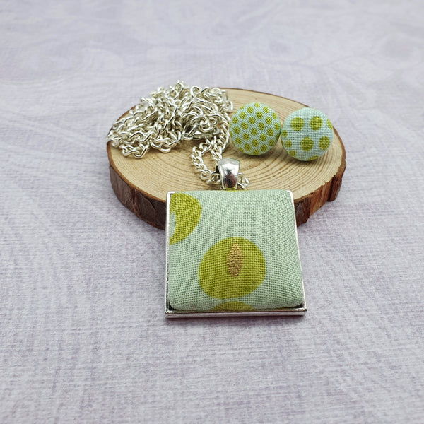 Green circle and spotty design fabric necklace and stud Earring Jewellery set. gift box included