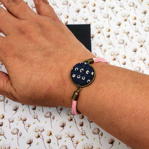 Adjustable bracelet, Blue fabric with cream dots.