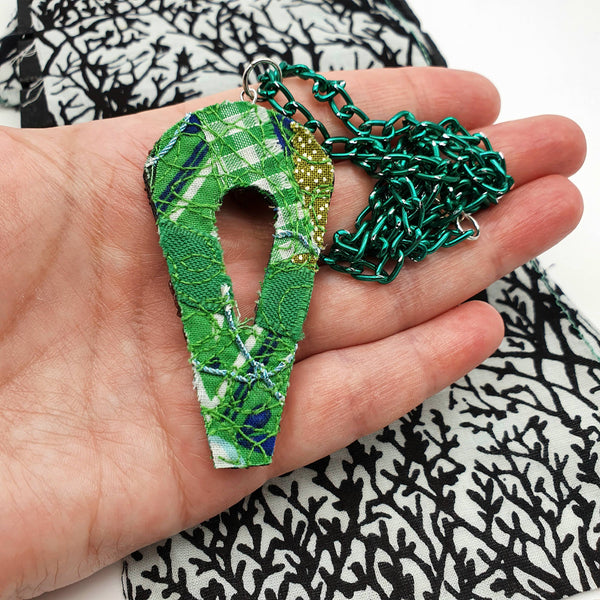 Green leaf, abstract design upcycled fabric necklace.