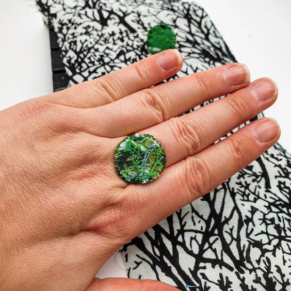 Green upcycled Fabric ring, Adjustable band to fit all.