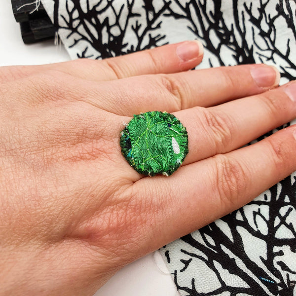 Green upcycled Fabric ring, Adjustable band to fit all.