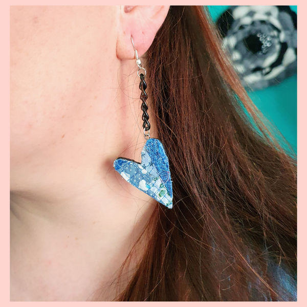 Blue hearts upcycled fabric Dangle earrings with black chain