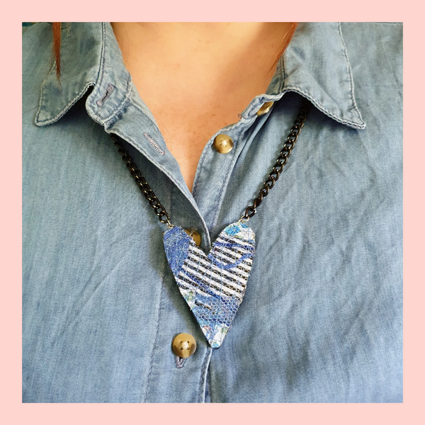 Blue upcycled fabric heart shaped necklace. True Blue inspired.