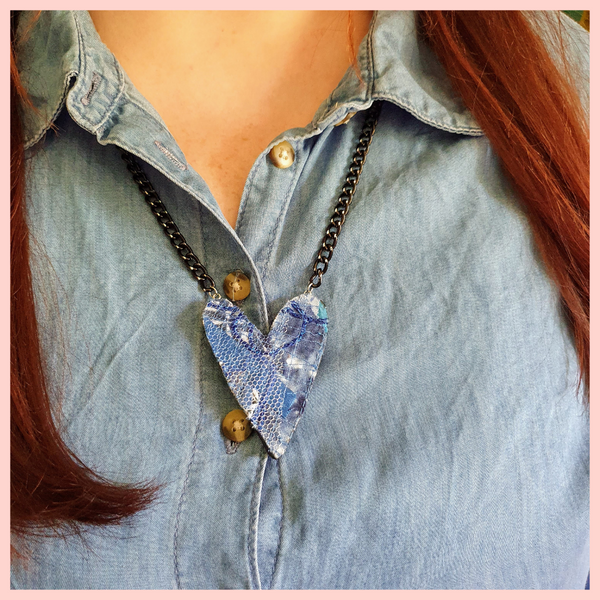 True Blue upcycled fabric heart shaped necklace.