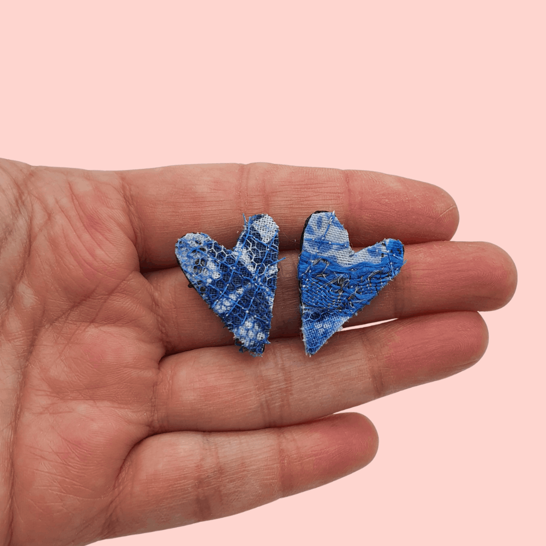 Fabric earrings. Blue and white fabric heart shaped studs.