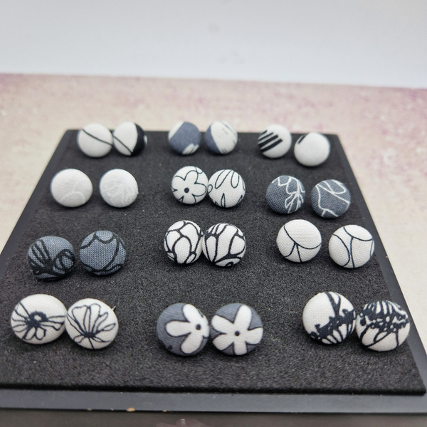 Black, white and grey floral fabric Button stud earrings.