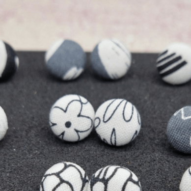 Black, white and grey floral fabric Button stud earrings.