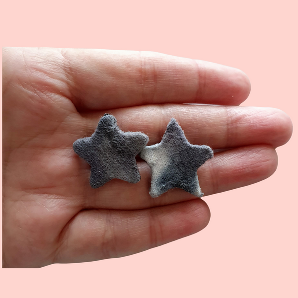 Grey and white star tie dye fabric studs earrings.