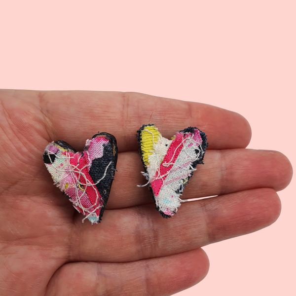 Pink, yellow and denim hearts scrappy necklace and stud earring set.