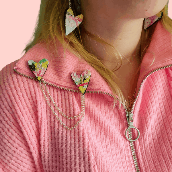 Pink and yellow upcycled fabric collar pins