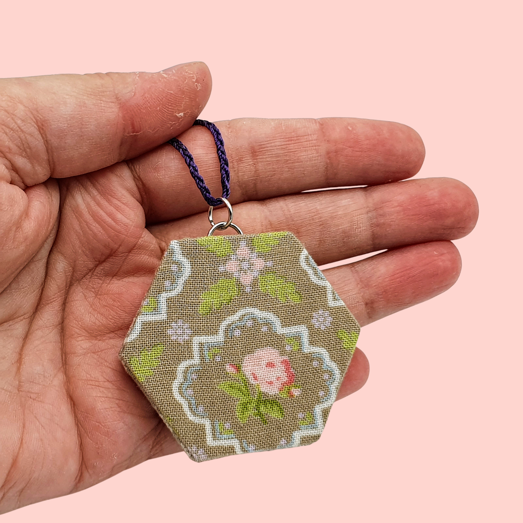 Bold hexagon fabric pendant necklace. Flower design. reversible design.