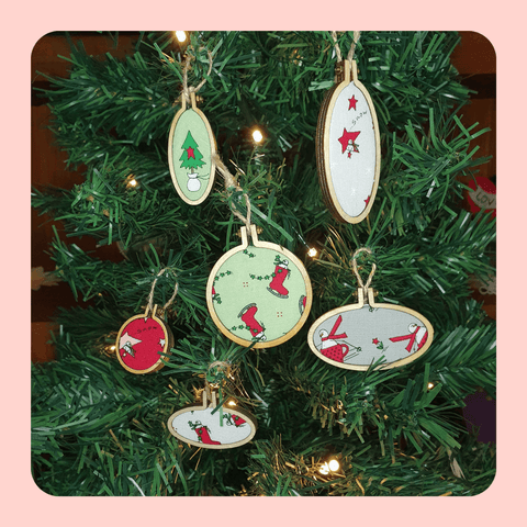 Snowman in boots themed mini embroidery hoop Christmas decorations. Set of 6.