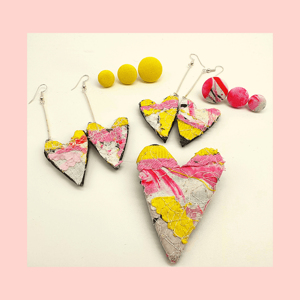 Pink, yellow and denim hearts scrappy fabric Dangle earrings.