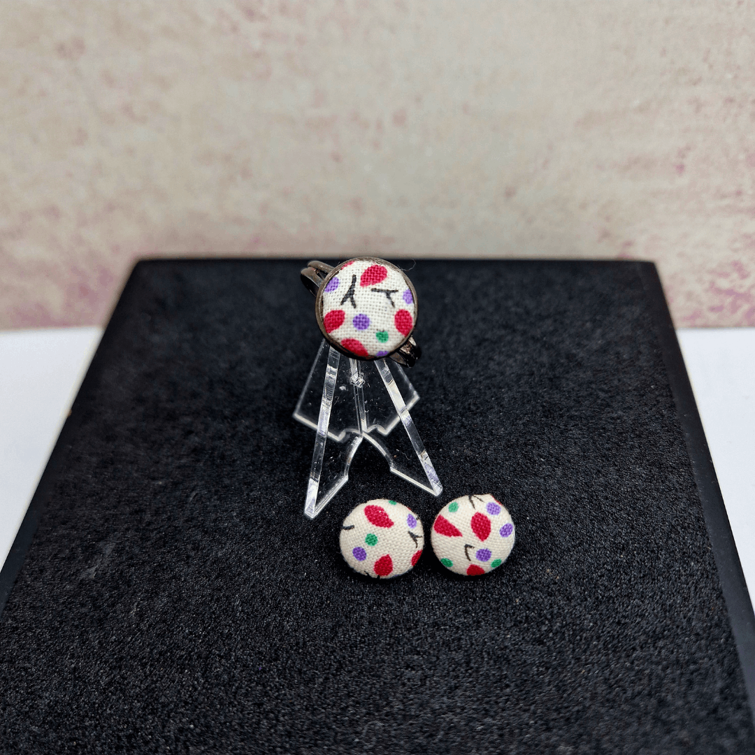 Fabric earring and ring Jewellery set. Berry floral design.