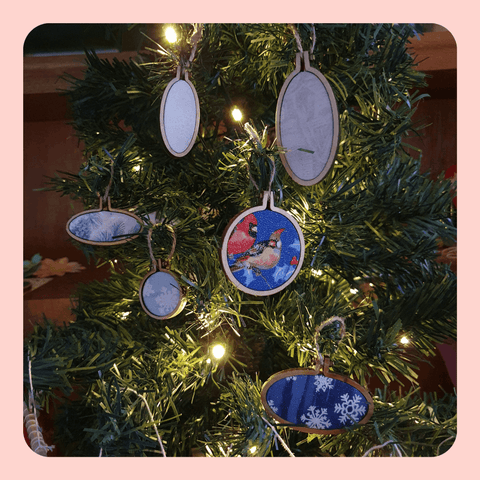 Bird themed mini embroidery hoop Christmas decorations. Set of 6.