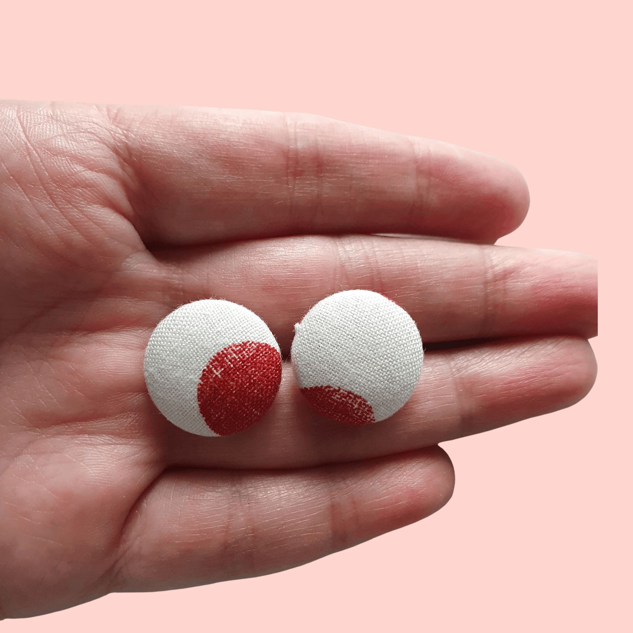 Red and white fabric button stud earrings. 2 different styles.