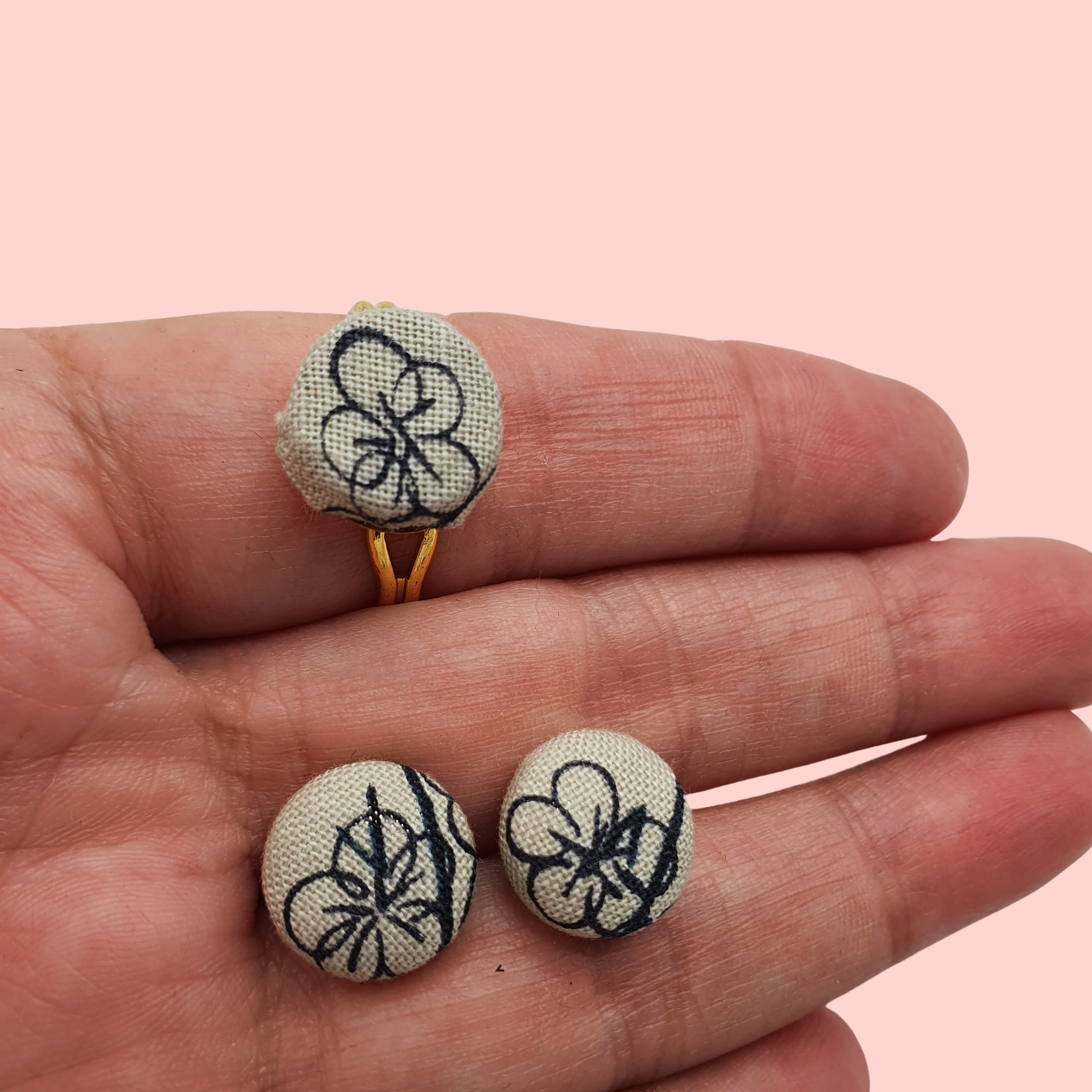 Flower Fabric button stud earrings, stainless Steel post and back. gift box included