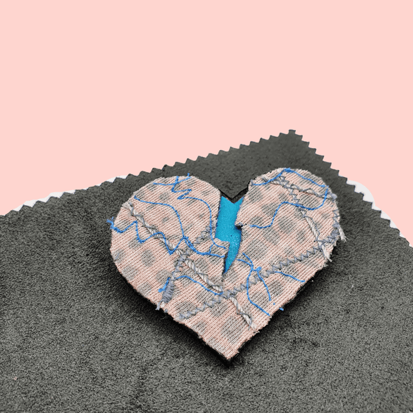 Pink and grey fabric heart brooch inspired by Stranger Things