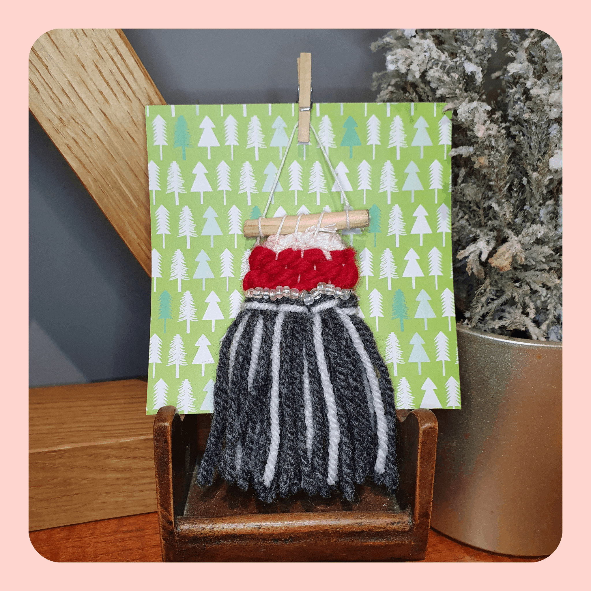Mini Festive tree decoration. Red, white and grey weaving.