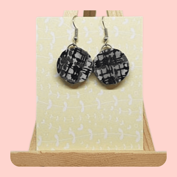 Black and grey 80's design fabric earrings,