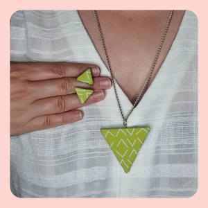 Green with white arrow fabric Triangle shaped necklace with stud earring Jewellery set. gift box included