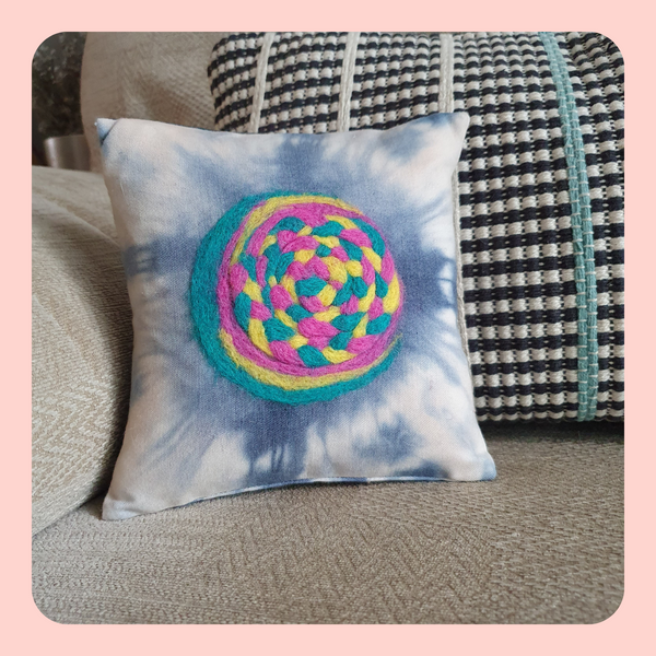 Blue Tie-dyed, up-cycled fabric cushion cover with envelope back