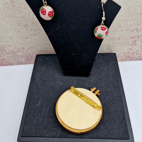 Strawberry design Embroidery hoop brooch and matching drop earrings