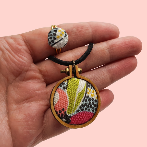 Mini Embroidery hoop circle necklace with matching gold tone adjustable ring.