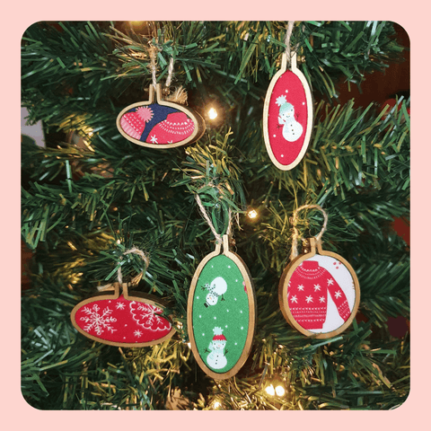 Snowman and Christmas jumper themed mini embroidery hoop Christmas decorations. Set of 6.