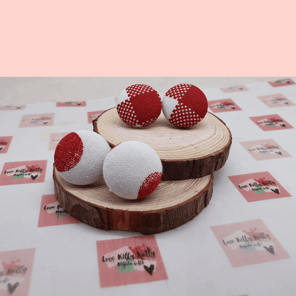 Red and white fabric button stud earrings. 2 different styles.