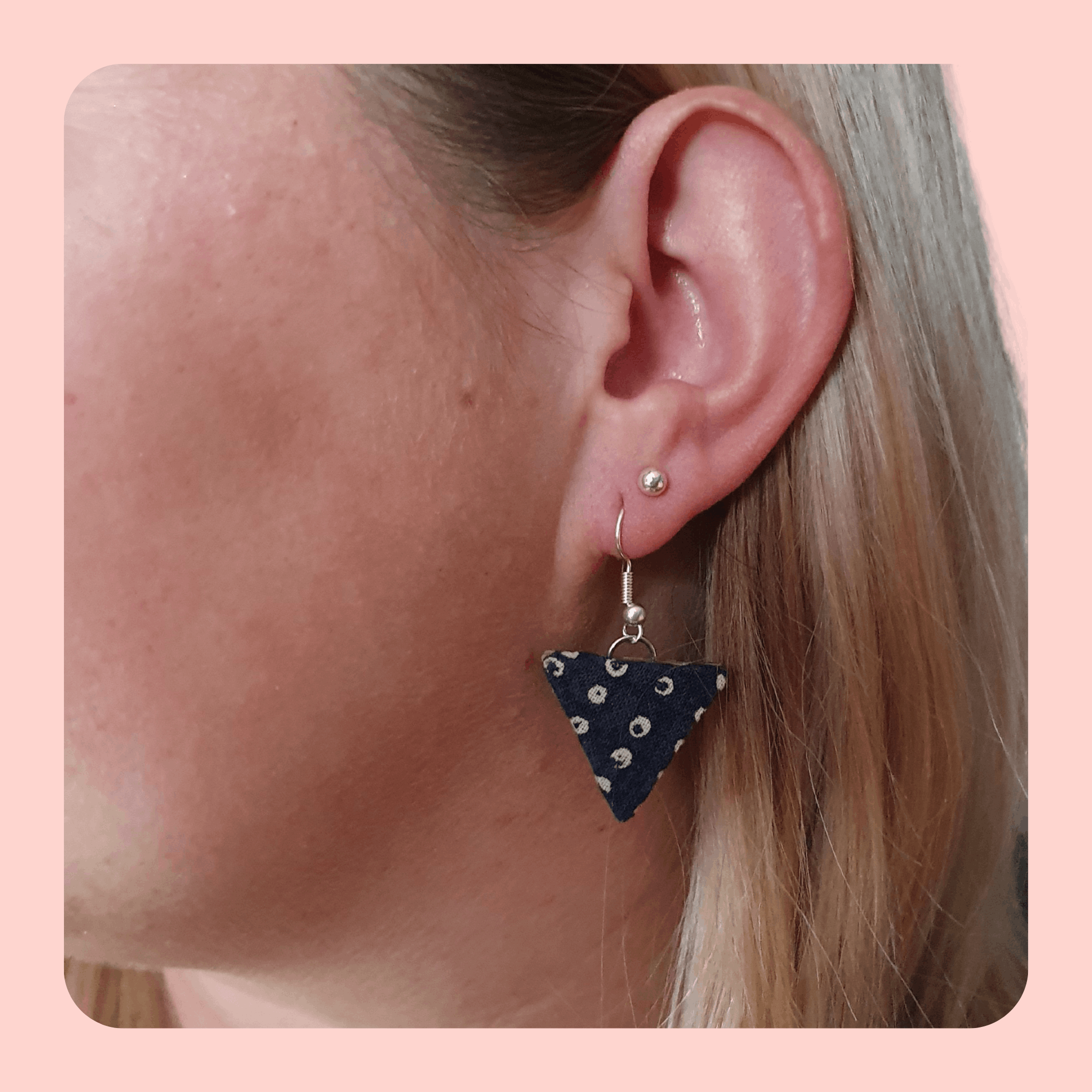 Blue and cream spotty triangle dangle earrings